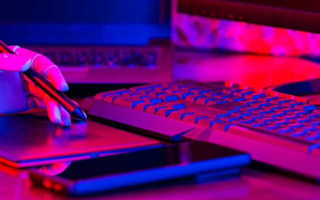 Neon content writing tools with a robot hand