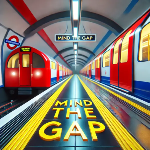 Banchina della metropolitana di Londra con i caratteristici treni rossi e l'iconico avviso "Mind the Gap", simbolo della cultura britannica e dell'etichetta urbana.