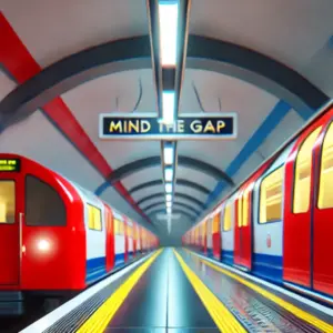 London Underground platform with red trains and the iconic "Mind the Gap" warning, representing British culture and urban etiquette.