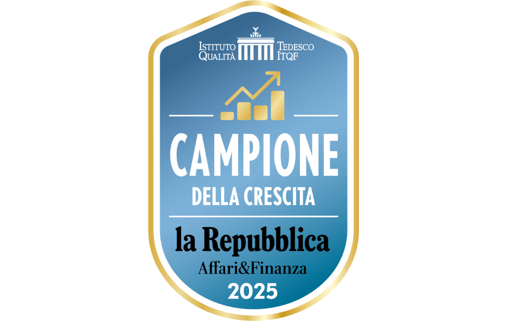 Badge Campione della Crescita 2025 assegnato da Repubblica Affari & Finanza e ITQF per crescita sostenibile e innovazione.