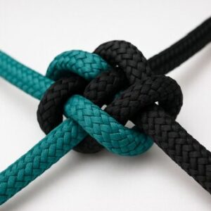 Close-up of black and teal ropes tied in a strong knot, symbolizing unity and resolution in Maka's Conflict Management course.