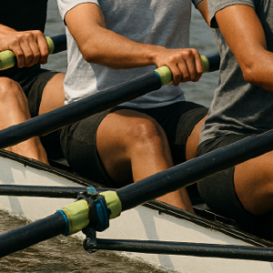 Three people rowing together in perfect sync, symbolizing teamwork and collaboration during Maka Consulting’s Problem Solving & Collaboration course.