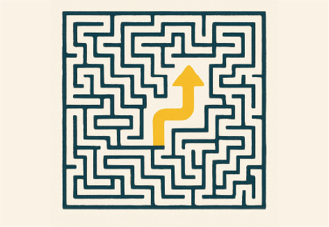 A yellow arrow successfully navigating a complex maze, symbolizing adapting to change and effective change management skills from Maka Language Consulting.