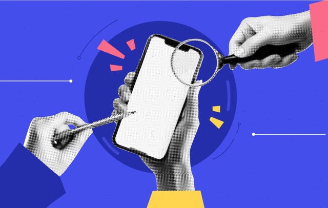 Illustration of hands holding a smartphone with a magnifying glass and stylus, symbolizing mobile accessibility testing and inclusive web design practices.
