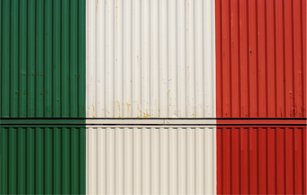 Italian flag painted on stacked shipping containers symbolizing Italy’s global exports and international brand expansion