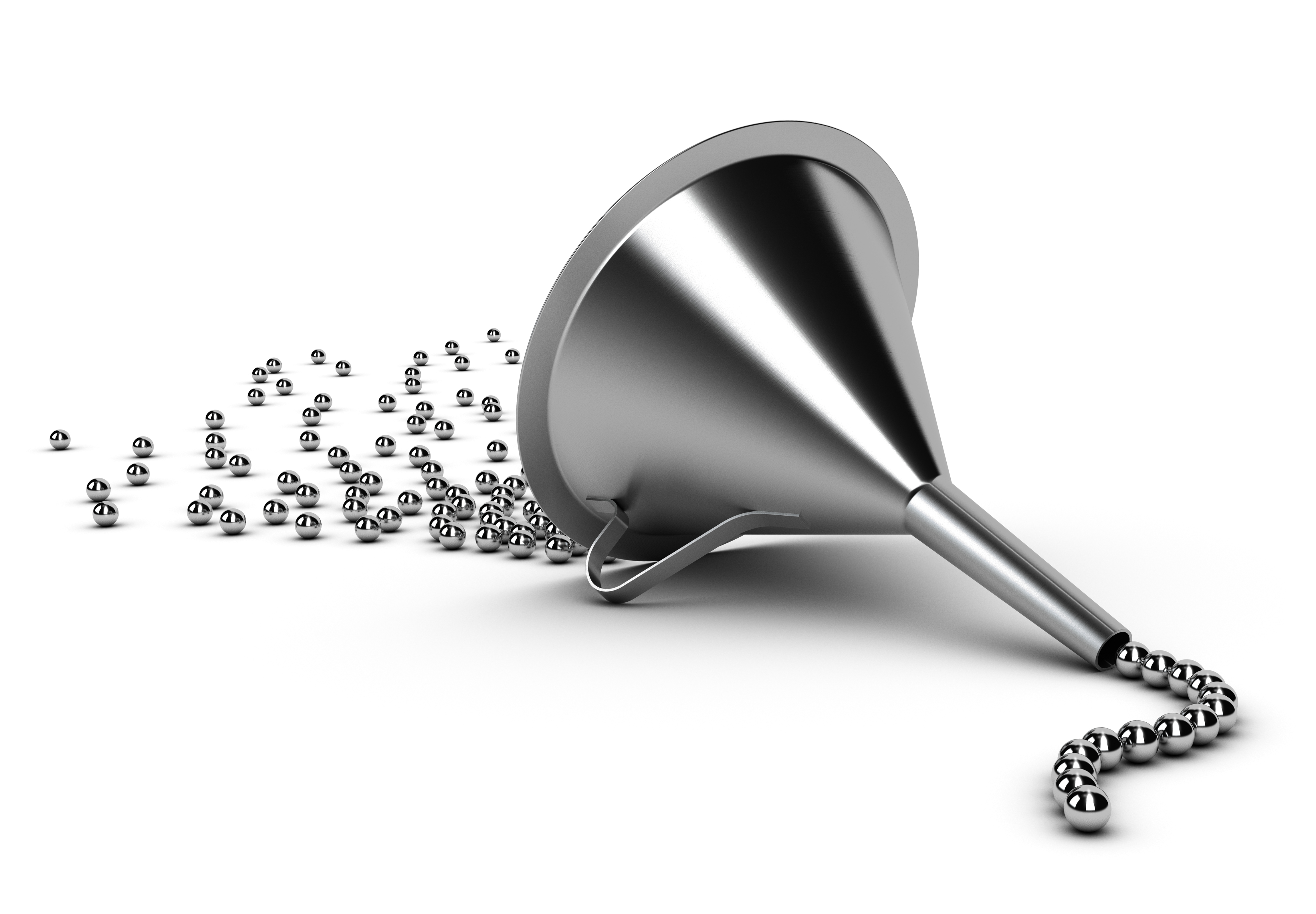 sales-funnel-metaphor-sales-coaching-conversion-process Metal funnel with silver balls going through to symbolize a sales pipeline and lead conversion process improvement