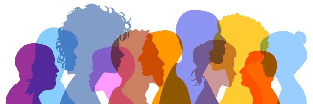 Colorful overlapping silhouettes of diverse people, for different users and perspectives in search